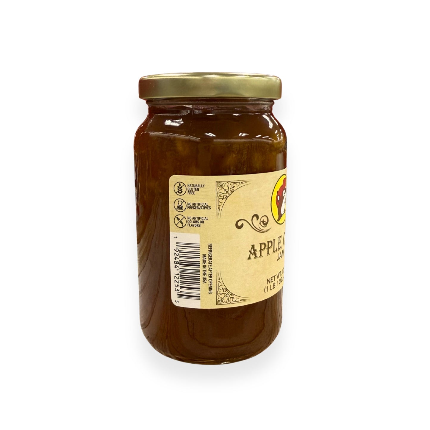 Buc-ee's Apple Cider Jam 17 oz mason jar back view showing gluten-free certification, no artificial preservatives badges, barcode, and storage instructions