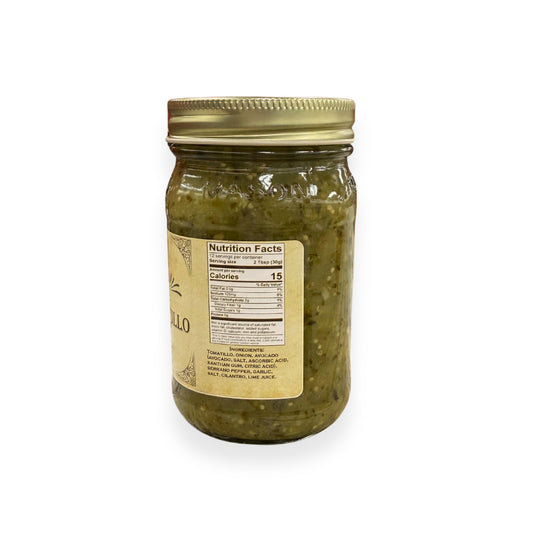 Buc-ee's Avocado Tomatillo Salsa 14 oz mason jar side view showing nutrition facts label with 12 servings per container, ingredients list including tomatillo and avocado, and golden vintage-style labeling