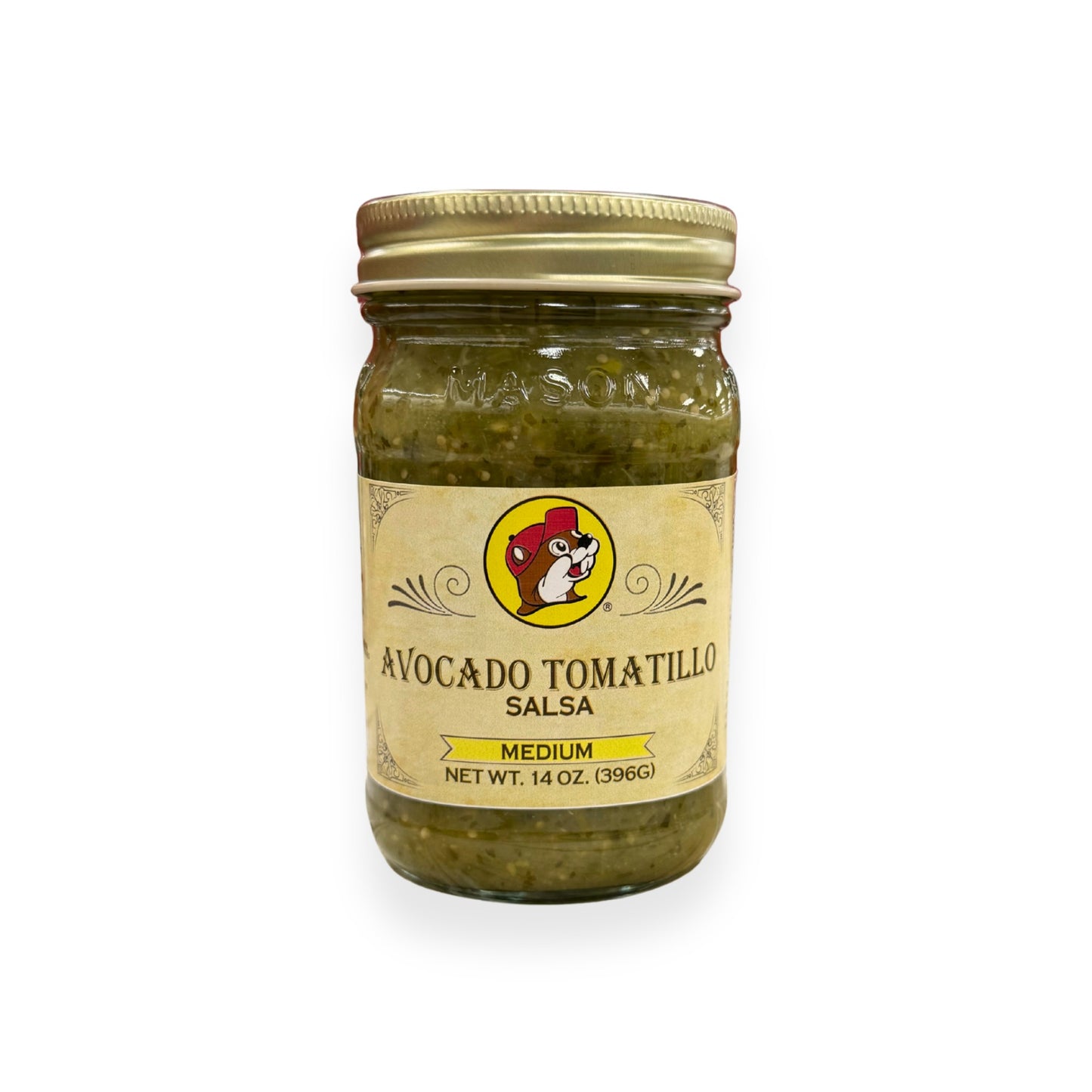 Buc-ee's Avocado Tomatillo Salsa 14 oz mason jar front view featuring iconic red beaver mascot logo, "MEDIUM" heat level indicator, and classic mason jar styling with golden lid