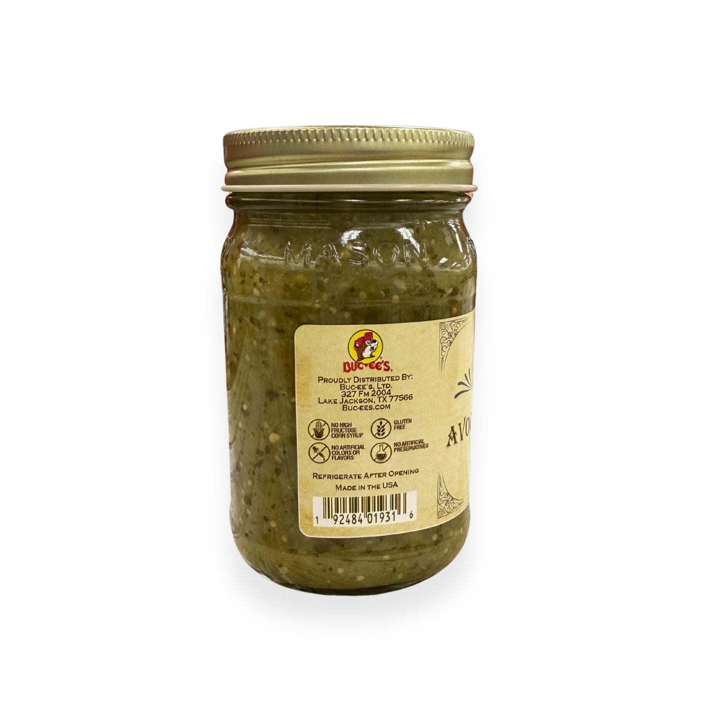 Buc-ee's Avocado Tomatillo Salsa 14 oz mason jar back view showing Buc-ee's distributor information from Lake Jackson TX, gluten-free certification, no artificial preservatives badges, barcode, and storage instructions