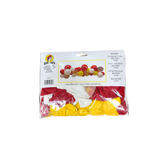 Buc-ee's balloon garland kit package showing red, yellow, white and glitter balloons with 3 logo balloons, 25 solid balloons, 5 glitter balloons, and 16 feet balloon tape