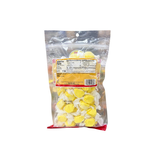Buc-ee's banana taffy bag back showing nutrition facts and yellow individually wrapped taffy candies in resealable packaging