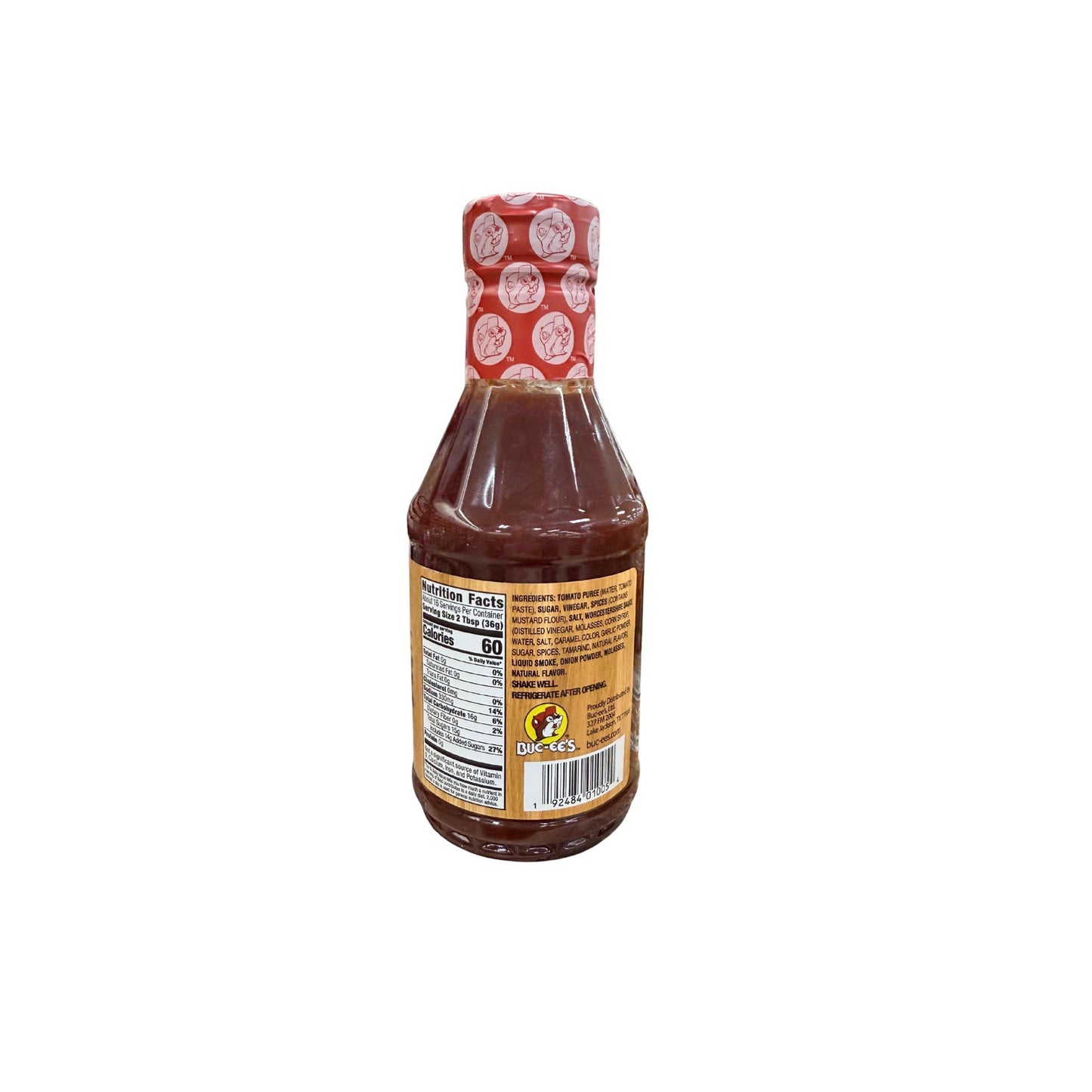 Buc-ee's Premium BBQ Sauce Original 20 oz bottle back view showing detailed nutrition facts label with 60 calories per serving and ingredient list highlighting gluten-free, no MSG quality with beaver logo cap