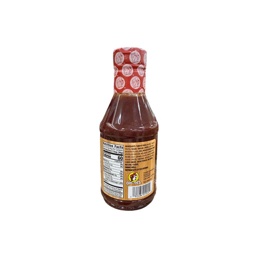 Buc-ee's Premium BBQ Sauce Original 20 oz bottle back view showing detailed nutrition facts label with 60 calories per serving and ingredient list highlighting gluten-free, no MSG quality with beaver logo cap