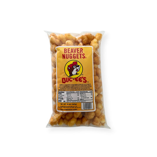 Buc-ee's Beaver Nuggets sweet corn puff nuggets, 13 oz bag with nutrition facts label"