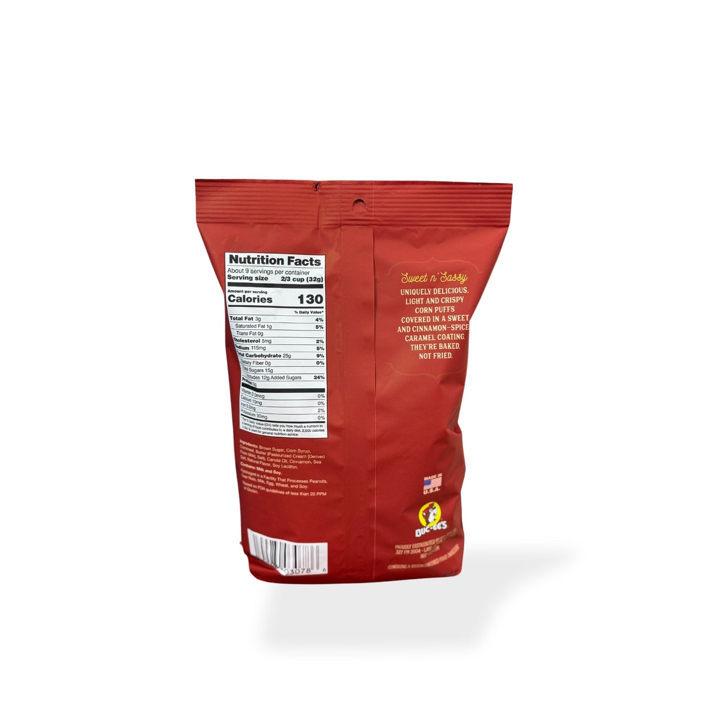 Buc-ee's Beaver Nuggets Cinnamon Sweet 10oz bag back view displaying nutrition facts label with 130 calories per serving and ingredient list