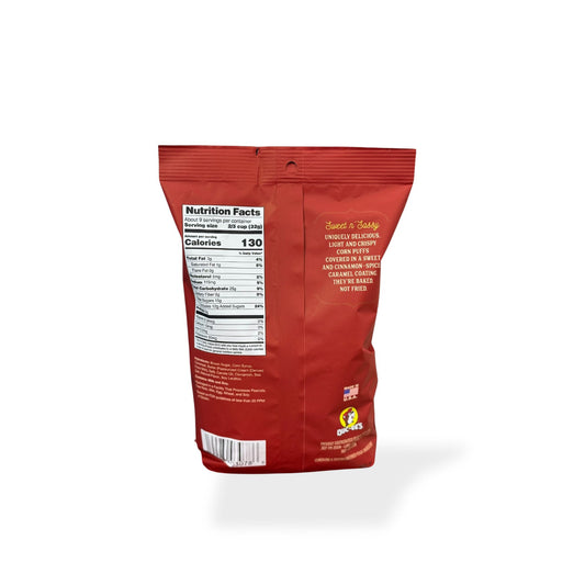 Buc-ee's Beaver Nuggets Cinnamon Sweet 10oz bag back view displaying nutrition facts label with 130 calories per serving and ingredient list