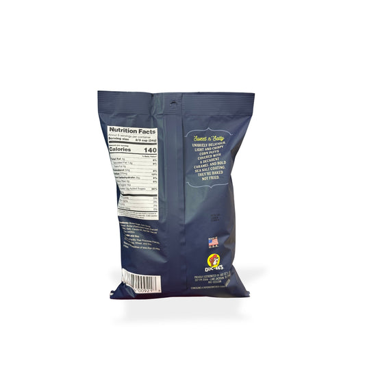 Buc-ee's Beaver Nuggets Sea Salted Caramel 10oz bag back view displaying nutrition facts label with 140 calories per serving and ingredient list