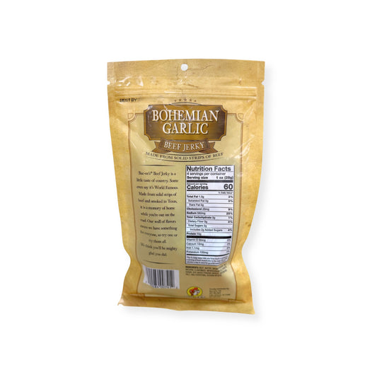 Buc-ee's Bohemian Garlic Beef Jerky 4oz package back showing nutrition facts label, product description, and barcode with golden yellow packaging