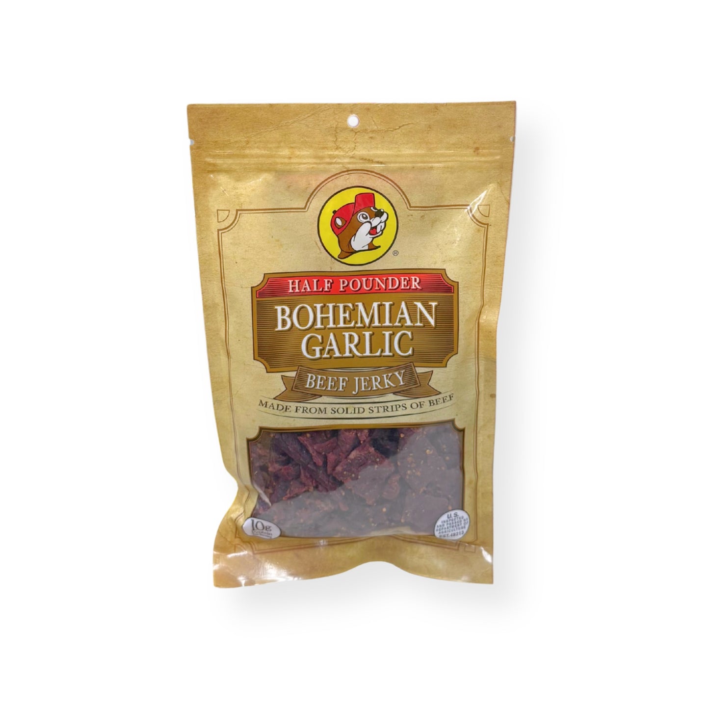 Buc-ee's Bohemian Garlic Beef Jerky 8oz package front featuring iconic red beaver mascot logo, clear window showing dark jerky strips, and golden yellow resealable packaging