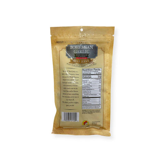 Buc-ee's Bohemian Garlic Beef Jerky 4oz bag back view displaying nutrition facts label with 70 calories per serving and ingredient information
