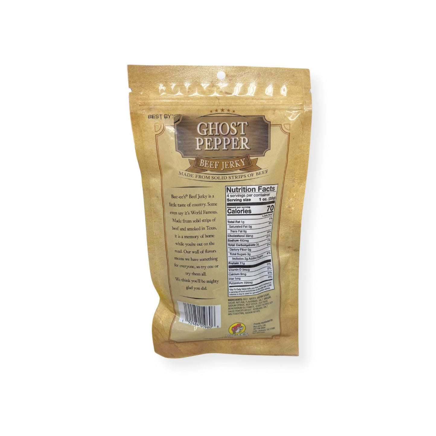 Buc-ee's Ghost Pepper Beef Jerky 4oz bag back view displaying nutrition facts label with 70 calories per serving and ingredient information