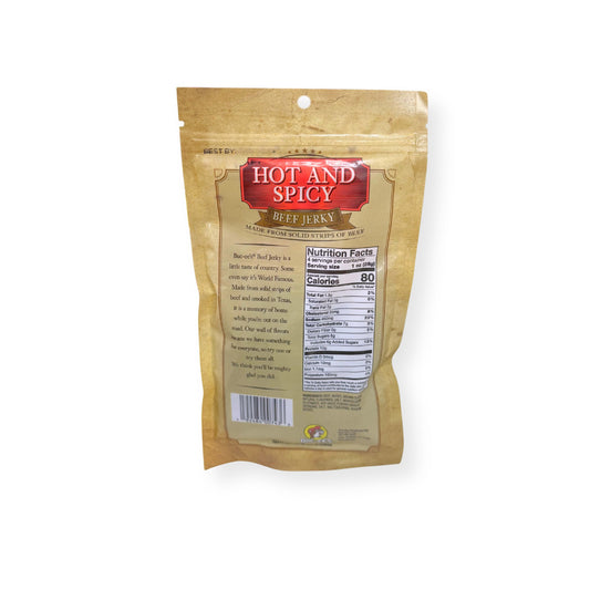 Buc-ee's Hot and Spicy Beef Jerky 4oz package back showing nutrition facts label, product description, and barcode with golden yellow packaging