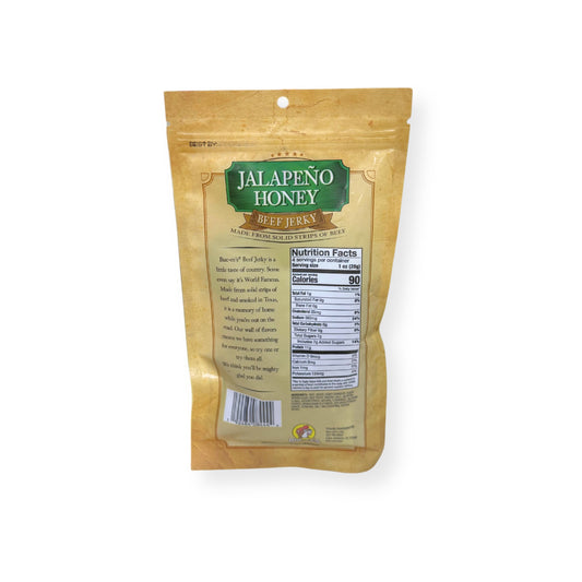 Buc-ee's Jalapeño Honey Beef Jerky 4oz bag back view displaying nutrition facts label with 90 calories per serving and ingredient information