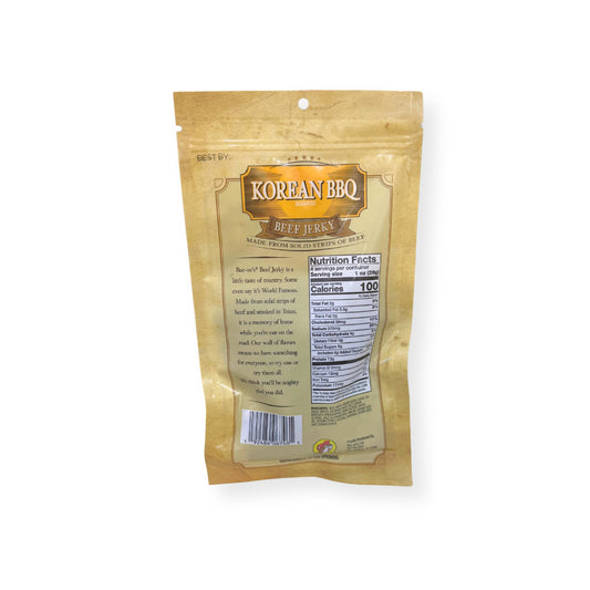 Buc-ee's Korean BBQ Beef Jerky 4oz bag back view displaying nutrition facts label with 100 calories per serving and ingredient information