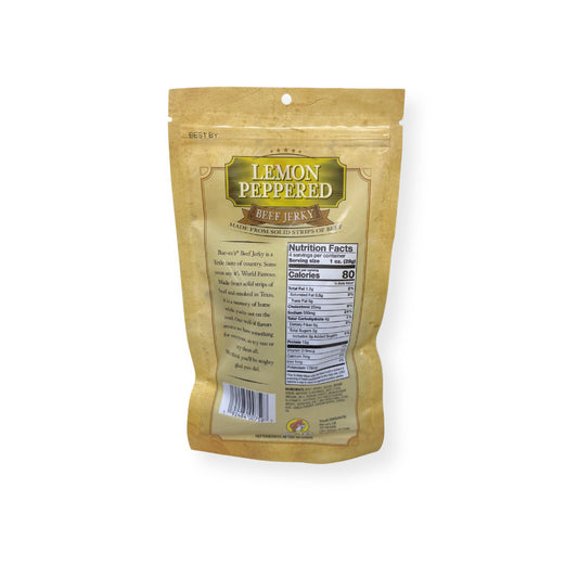 Buc-ee's Lemon Peppered Beef Jerky 4oz package back showing nutrition facts label, product description, and barcode with golden yellow packaging