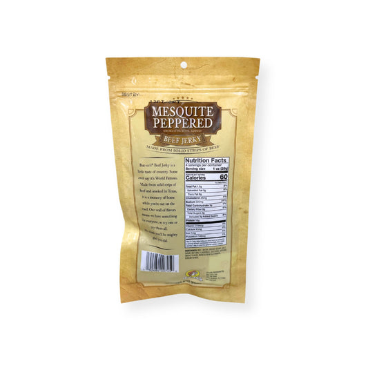 Buc-ee's Mesquite Peppered Beef Jerky 4oz package back showing nutrition facts label, product description, and barcode with golden yellow packaging