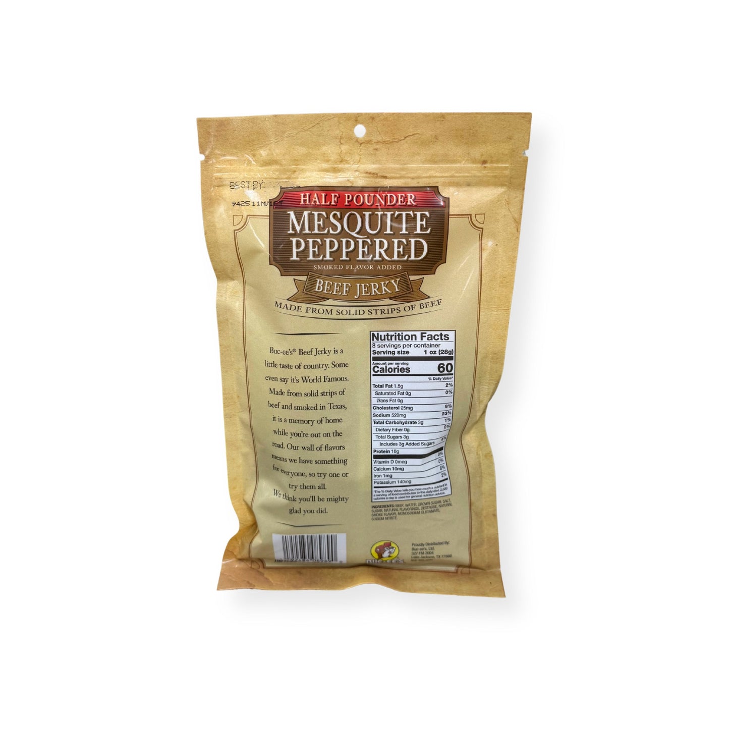 Buc-ee's Mesquite Peppered Beef Jerky 8oz package back showing nutrition facts label, product description, and barcode with golden yellow packaging