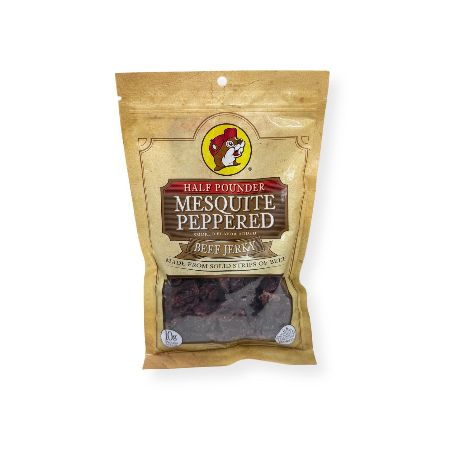 Buc-ee's Mesquite Peppered Beef Jerky 8oz package front featuring iconic red beaver mascot logo, clear window showing dark smoky jerky strips, and golden yellow resealable packaging