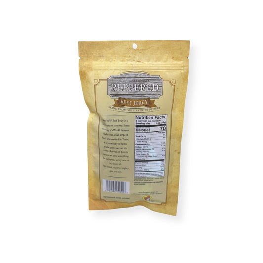 Buc-ee's Old Western Style Peppered Beef Jerky 4oz package back showing nutrition facts label, product description, and barcode with golden yellow packaging