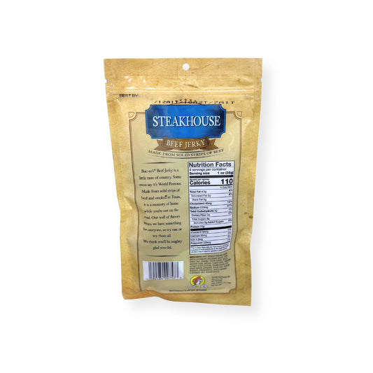 Buc-ee's Steakhouse Beef Jerky 4oz bag back view displaying nutrition facts label with 110 calories per serving and ingredient information