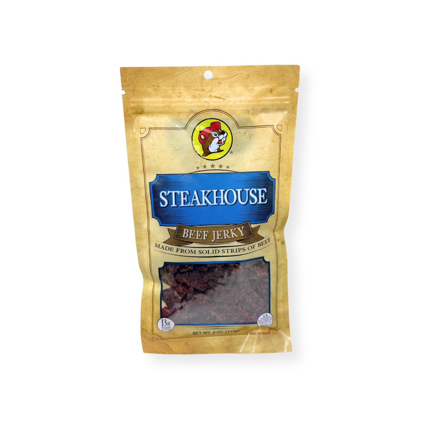 Buc-ee's Steakhouse Beef Jerky 4oz bag front view showing gold and blue packaging with Buc-ee's beaver logo and classic seasoned beef jerky strips visible