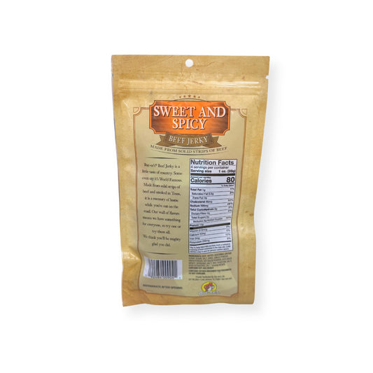 Buc-ee's Sweet and Spicy Beef Jerky 4oz bag back view displaying nutrition facts label with 80 calories per serving and ingredient information