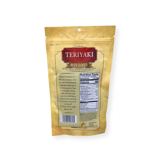 Buc-ee's Teriyaki Beef Jerky 4oz bag back view displaying nutrition facts label with 90 calories per serving and ingredient information