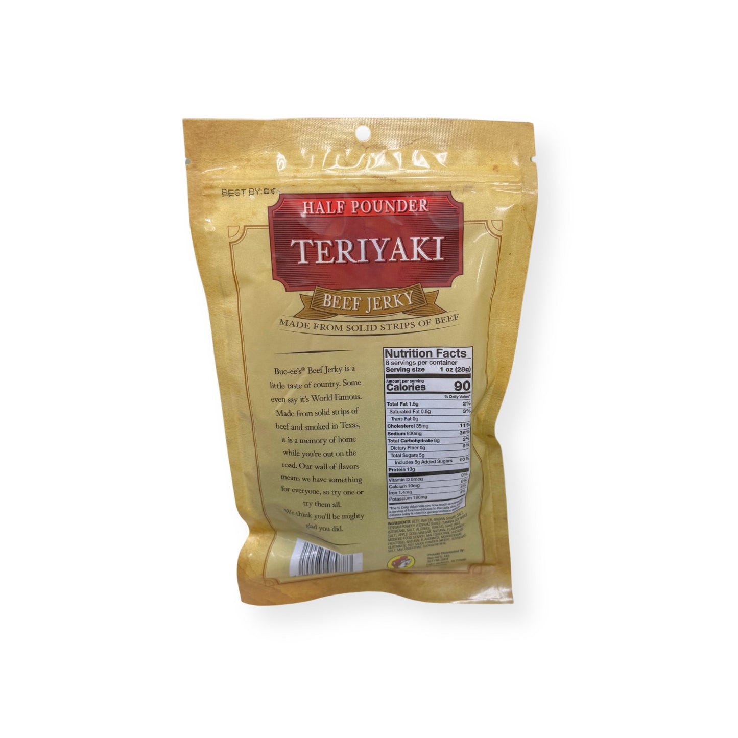 Buc-ee's Teriyaki Beef Jerky 8oz bag back view displaying nutrition facts label with 90 calories per serving and ingredient information