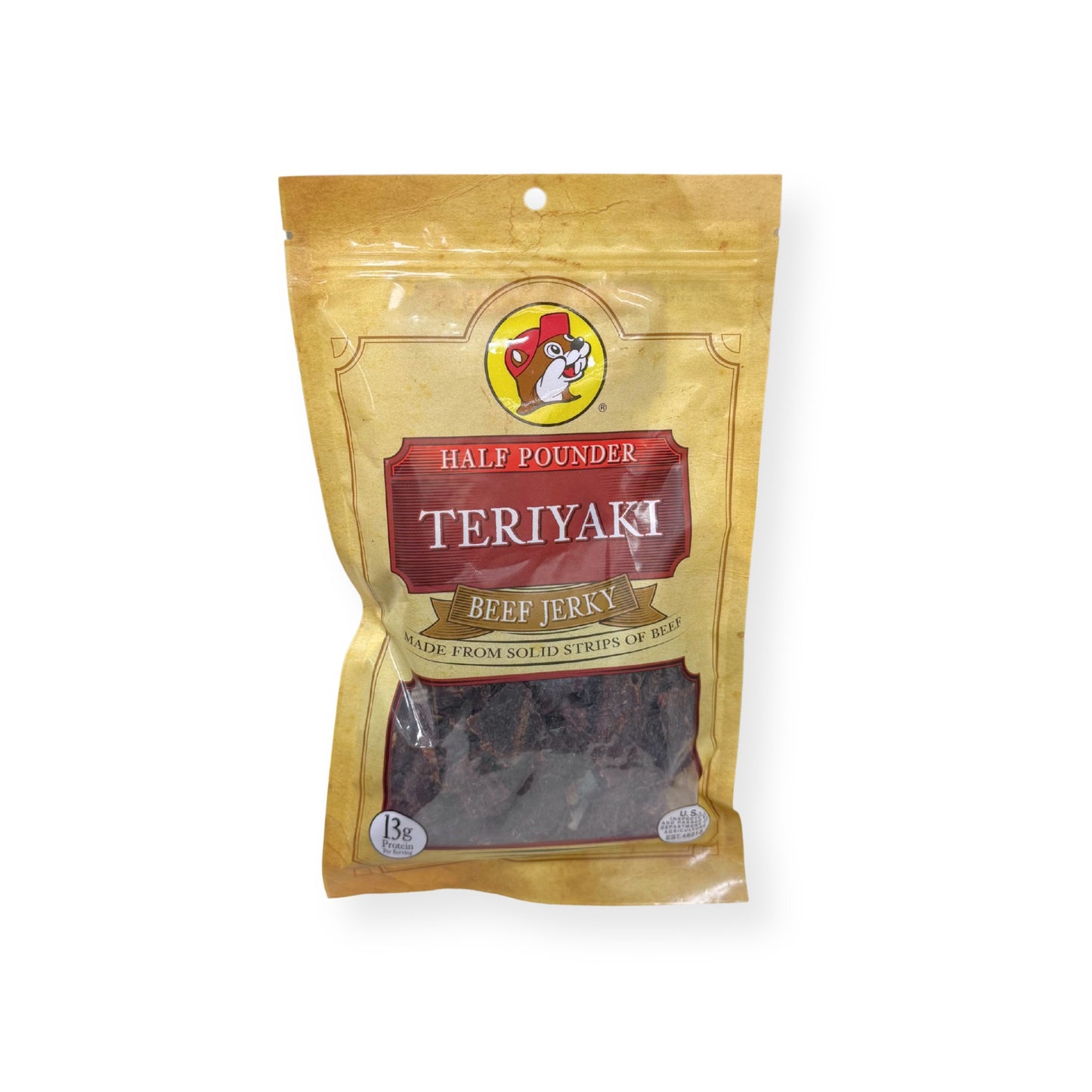 Buc-ee's Teriyaki Beef Jerky 8oz bag front view showing gold and red packaging with Buc-ee's beaver logo and sweet glazed beef jerky strips visible