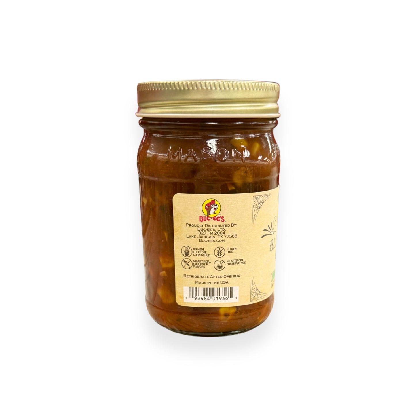 Buc-ee's Black Bean & Corn Salsa 14 oz mason jar back view showing Buc-ee's distributor information, product certifications including gluten-free and no artificial preservatives, barcode, and classic mason jar styling