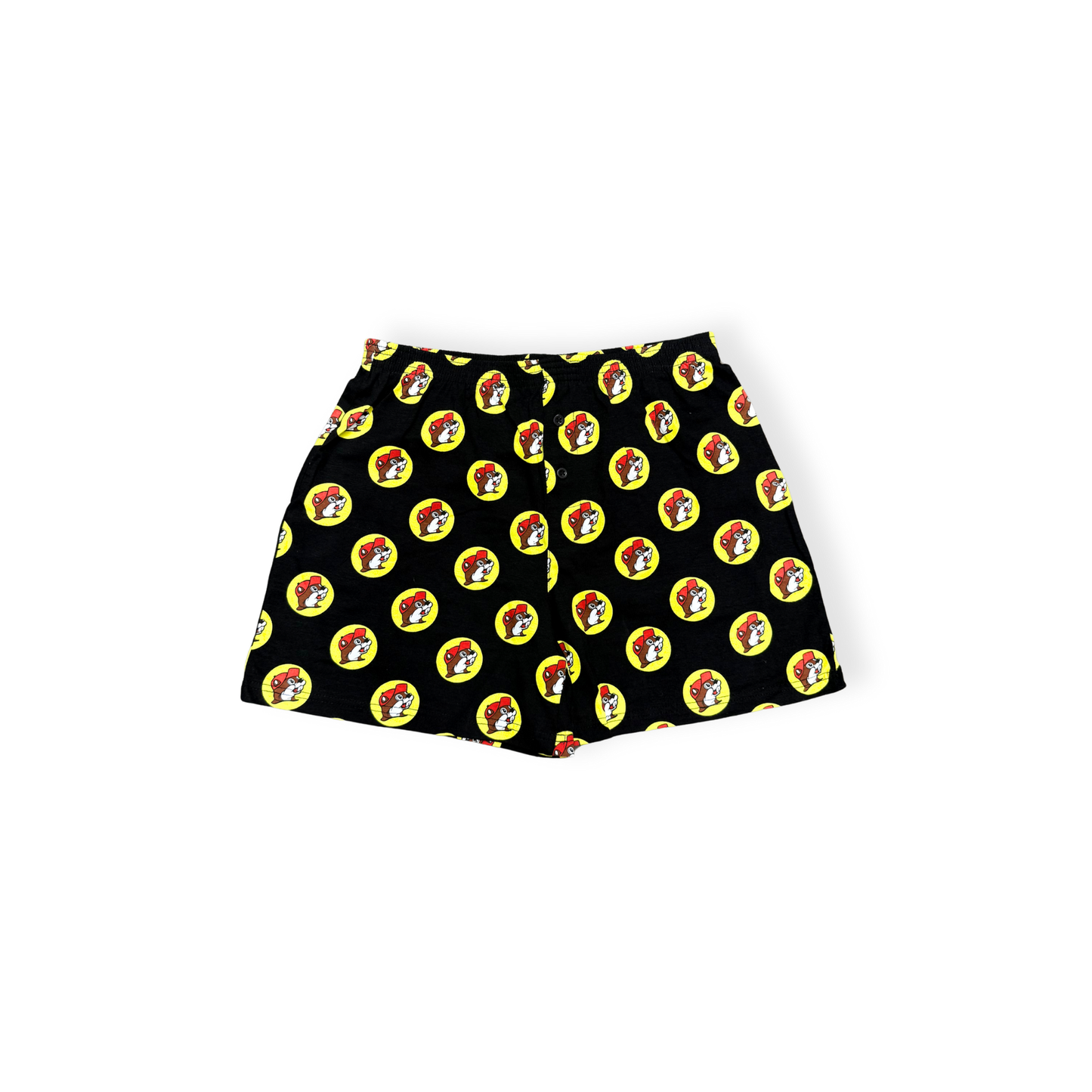 Black Buc-ee's boxer shorts with repeating yellow circle Bucky beaver logo pattern, classic relaxed fit loungewear with elastic waistband