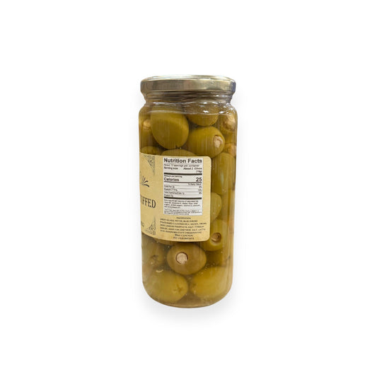 Buc-ee's Blue Cheese Stuffed Olives 9 oz glass jar side view showing nutrition facts label, green olives stuffed with white blue cheese in brine, and golden yellow vintage-style labeling