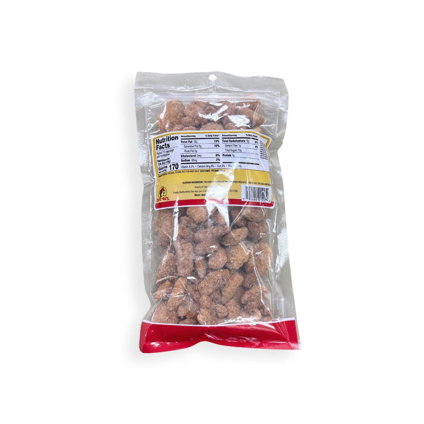 Buc-ee's Butter Toffee Pecans 12 oz clear plastic bag back view showing detailed nutrition facts label with 170 calories per serving and ingredient information