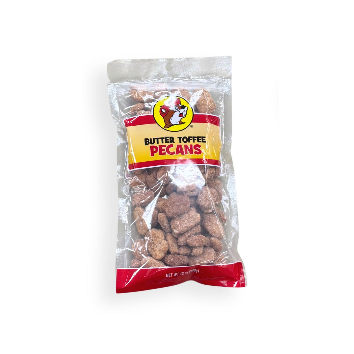 Buc-ee's Butter Toffee Pecans 12 oz clear plastic bag front view featuring iconic red beaver mascot logo, "BUTTER TOFFEE PECANS" text, and visible butter toffee-coated pecans through clear packaging