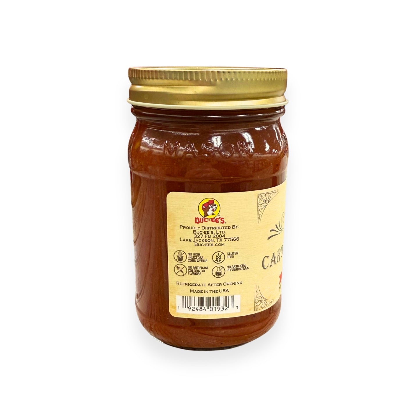 Buc-ee's Carolina Reaper Salsa 14 oz mason jar back view showing Buc-ee's distributor information, product certifications including gluten-free and no artificial preservatives, barcode, and classic mason jar styling