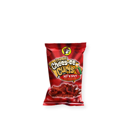 Buc-ee's Crunchy Cheese-ee Curls Hot 'N Spicy 2oz bag front view showing red packaging with Buc-ee's beaver logo and spicy twisted cheese curl snacks