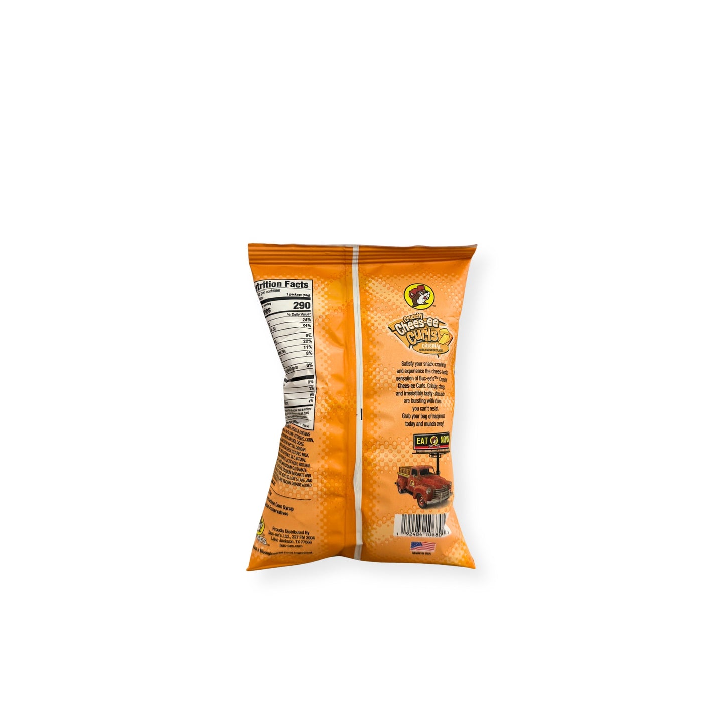 Buc-ee's Crunchy Cheese-ee Curls Original 2oz bag back view displaying nutrition facts label with 290 calories per serving and ingredient information