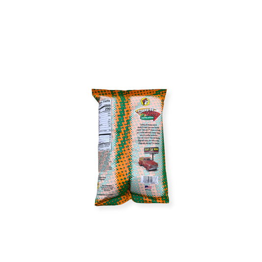 Back of Buc-ee's Chees-ee Puffs Jalapeño Cheddar bag showing nutrition facts and product information