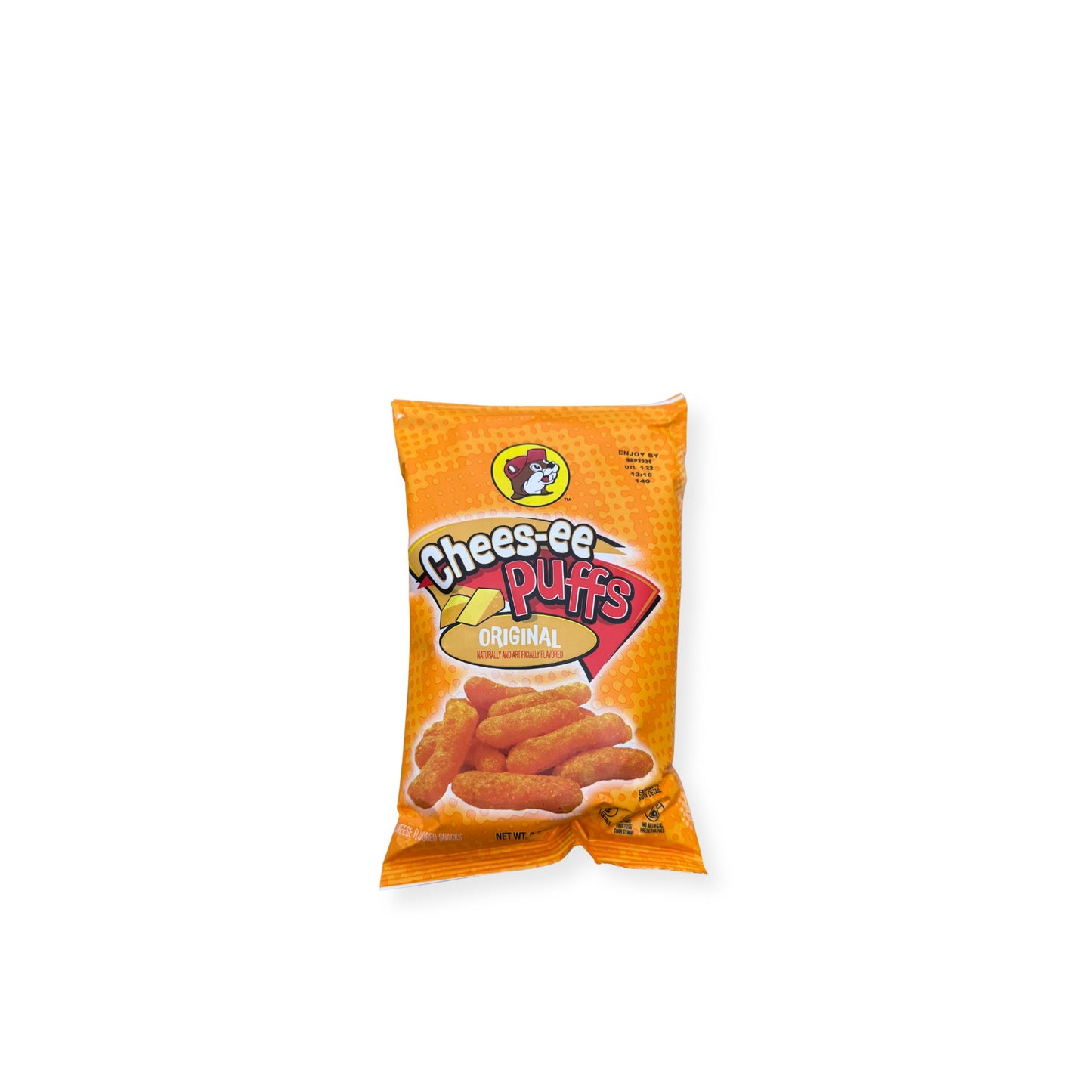 Buc-ee's Cheese-ee Puffs Original 2oz bag front view showing orange packaging with Buc-ee's beaver logo and classic cheese puff snacks