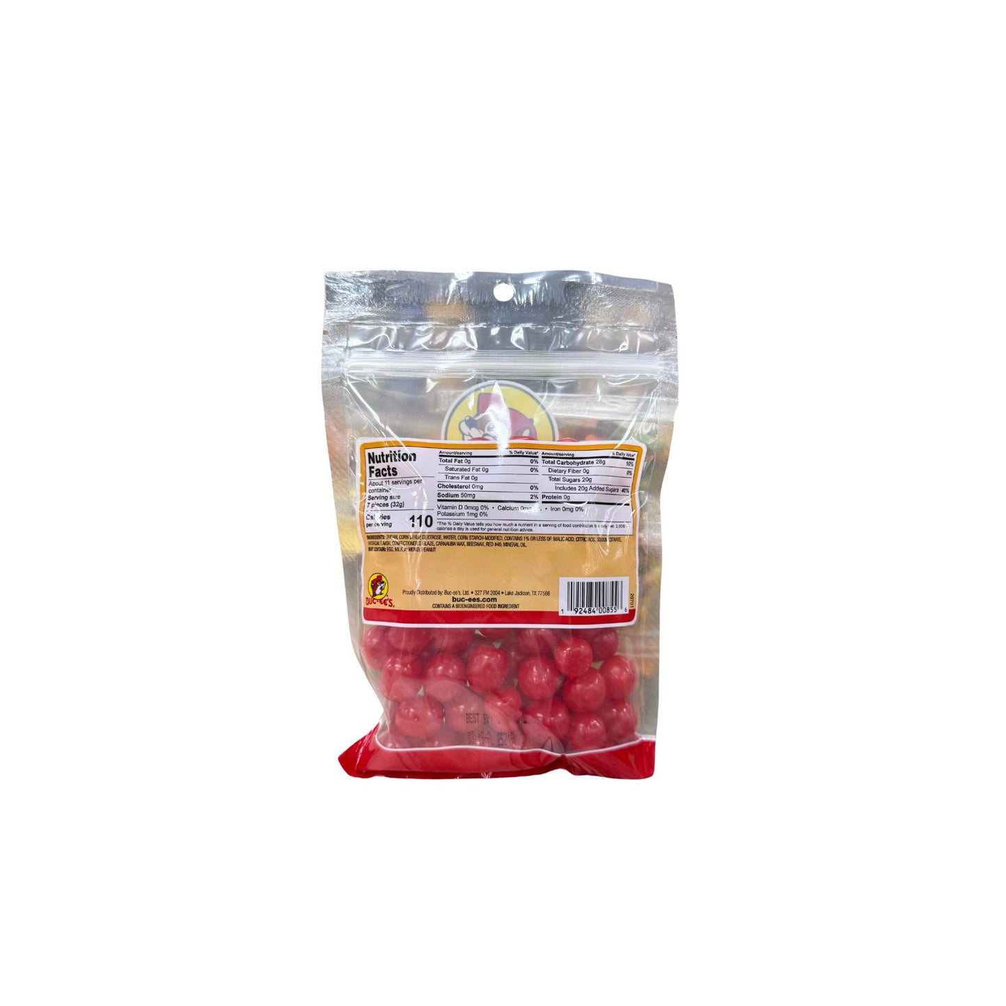 Buc-ee's cherry sours bag back showing nutrition facts and red cherry sour candy balls in resealable packaging
