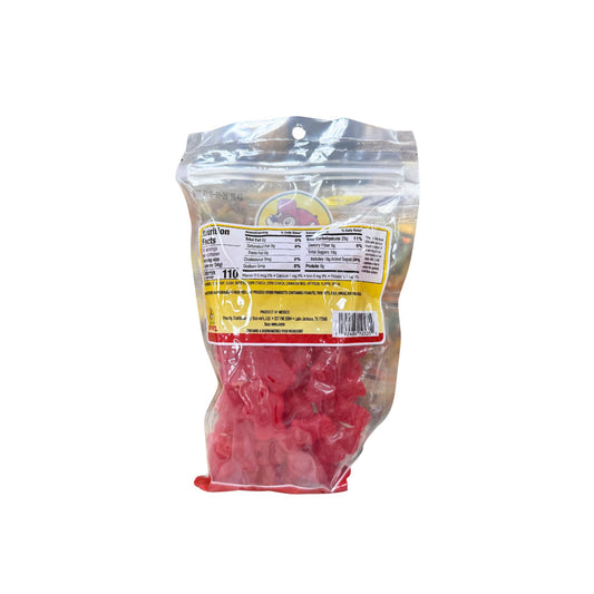 Buc-ee's cinnamon juju bears bag back showing nutrition facts and red translucent cinnamon-flavored gummy bears in resealable packaging