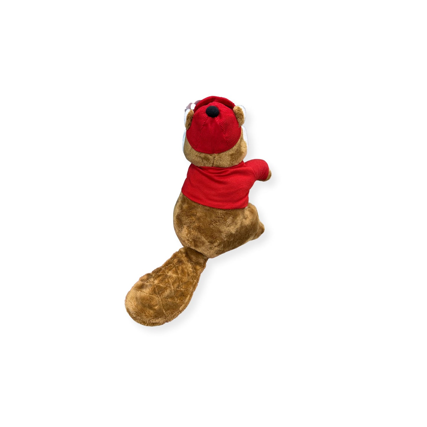 Classic Buc-ee's beaver plush from behind showing soft brown fur, red shirt, matching red cap, and iconic beaver tail