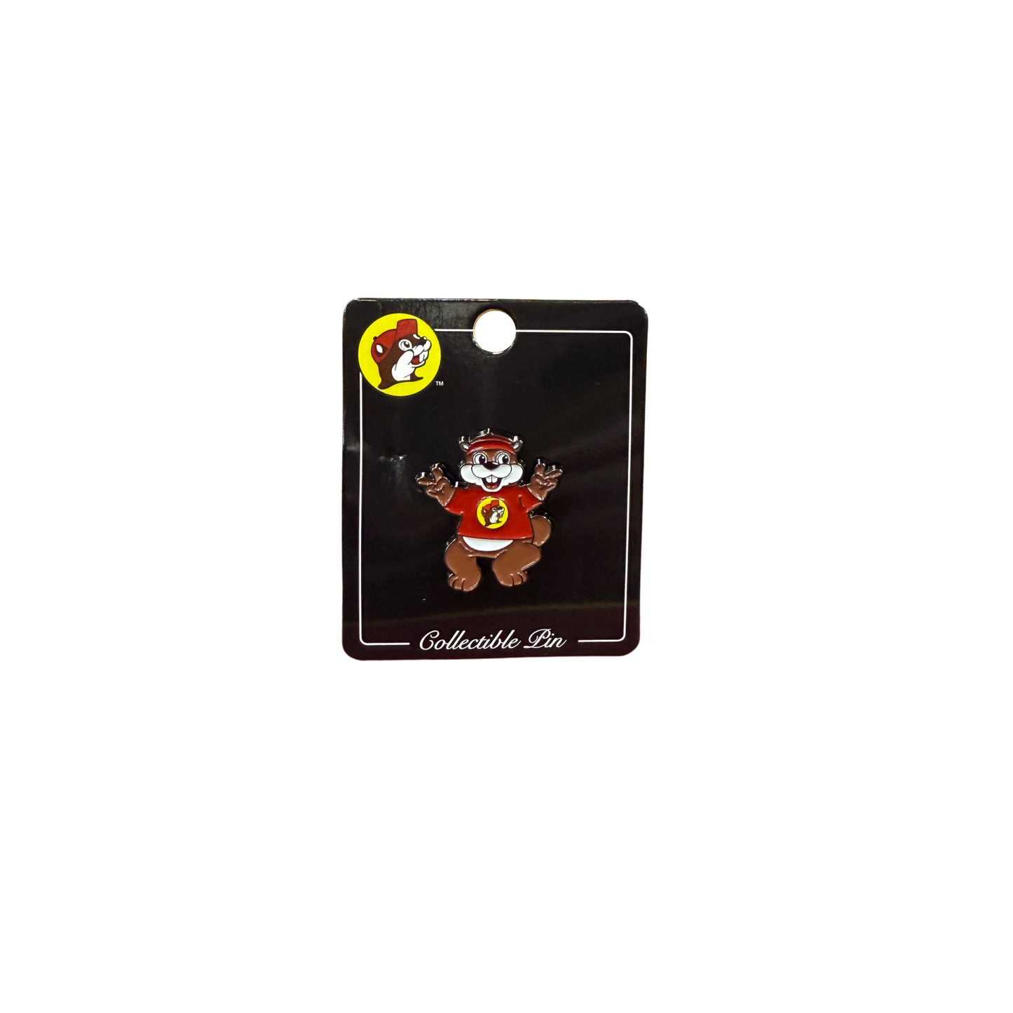 Buc-ee's collectible enamel pin on black display card: full body bucky beaver