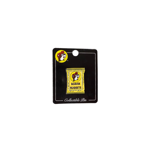 Buc-ee's collectible enamel pin on black display card: yellow Beaver Nuggets bag