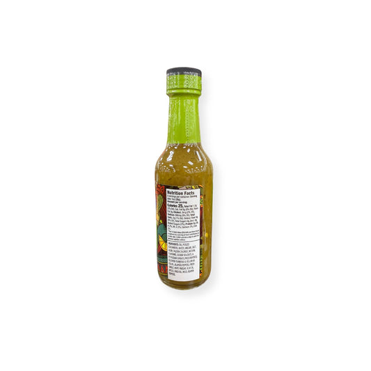 Buc-ee's Dill Pickle Reaper Hot Sauce 5 oz bottle back view showing detailed nutrition facts label with 25 calories per serving and ingredient list highlighting reaper peppers and dill pickle elements with hot rating