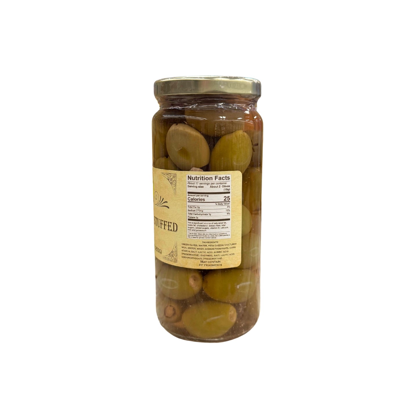 Buc-ee's Feta Cheese Stuffed Olives 9 oz glass jar side view showing nutrition facts label, green olives stuffed with white feta cheese in brine, and golden yellow vintage-style labeling