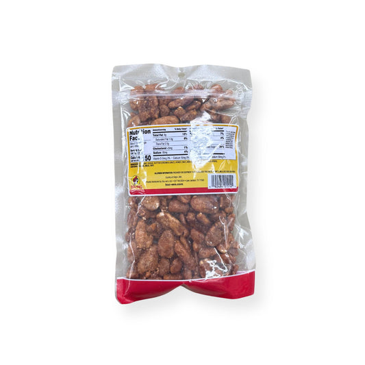 Buc-ee's Honey Toasted Pecans 12 oz clear plastic bag back view showing detailed nutrition facts label and Buc-ee's distributor information
