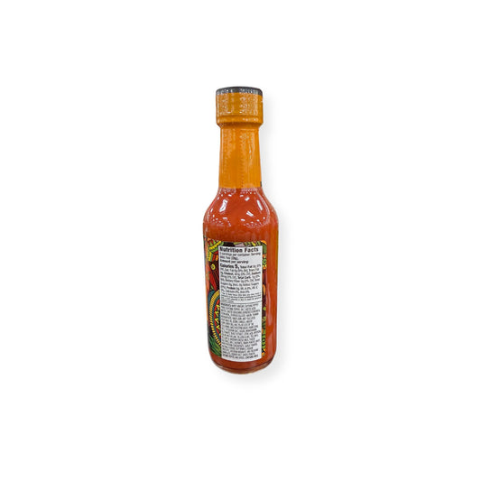 Buc-ee's Hot Cheddar Hot Sauce 5 oz bottle back view showing detailed nutrition facts label with 5 calories per serving and ingredient list highlighting cheddar cheese and peppers with medium heat rating