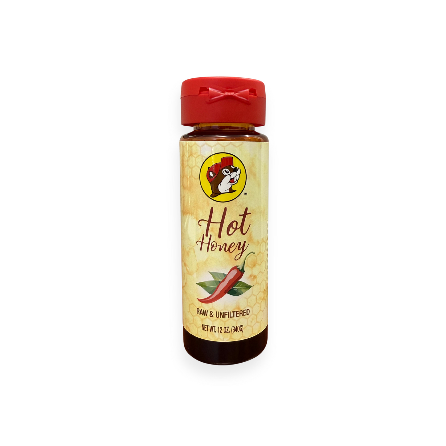 Buc-ee's Hot Honey 12 oz squeeze bottle front view featuring iconic red beaver mascot logo, "Hot Honey" text with chili pepper graphic, red flip-top cap, and honeycomb pattern design